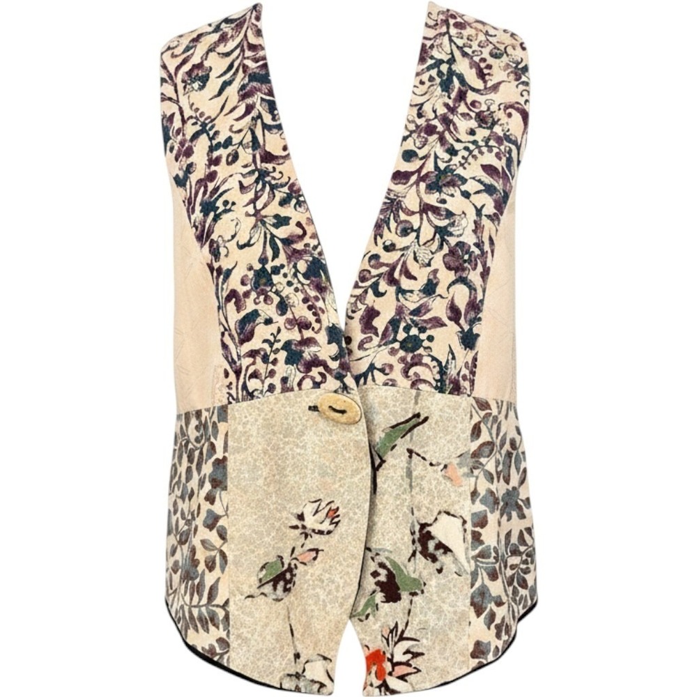 VTG Yasuko Kimono Silk Patchwork Vest M/L Boho Artwear Stone Button Cream Floral